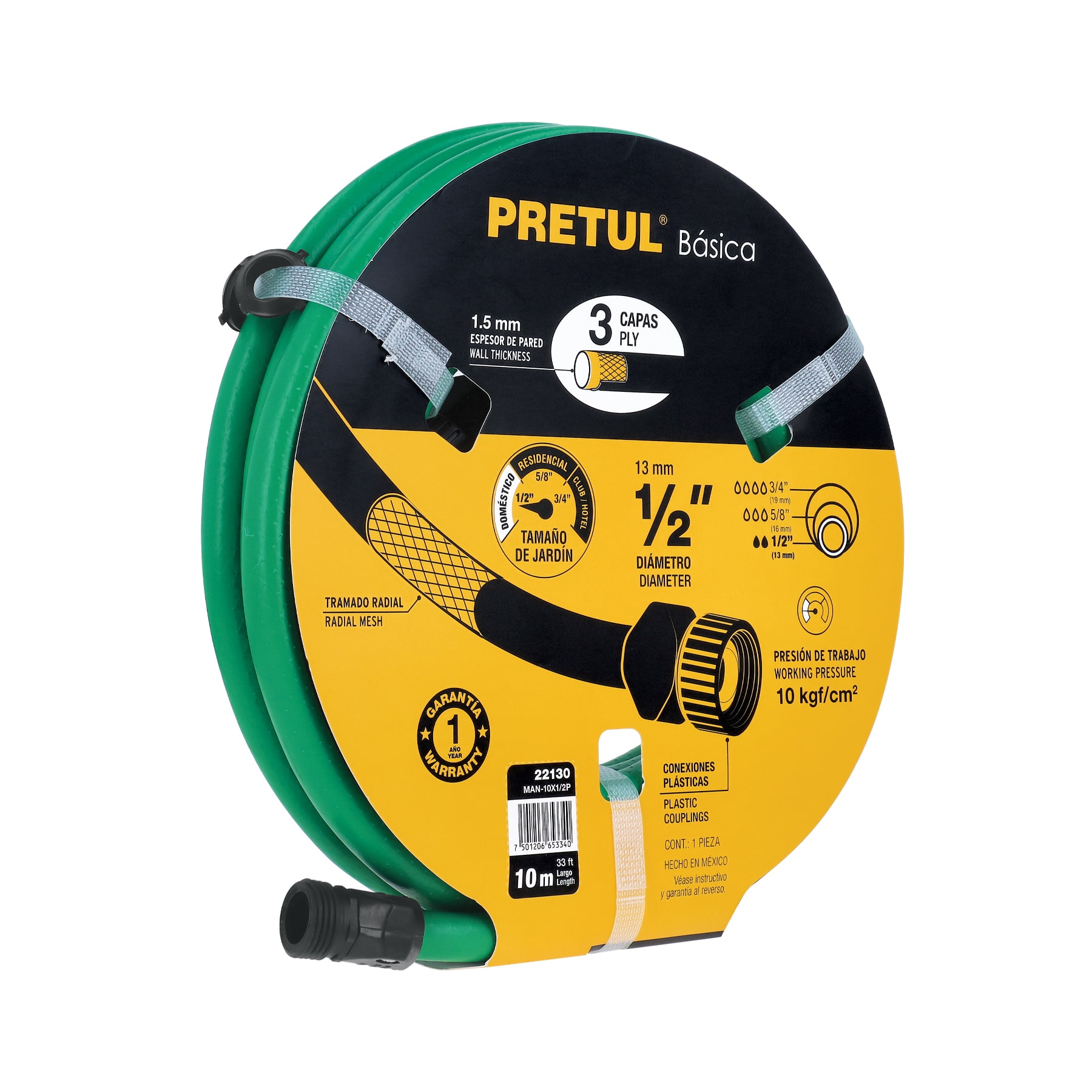 Manguera verde 1/2" 3 capas 10m conexiones plásticas, PRETUL