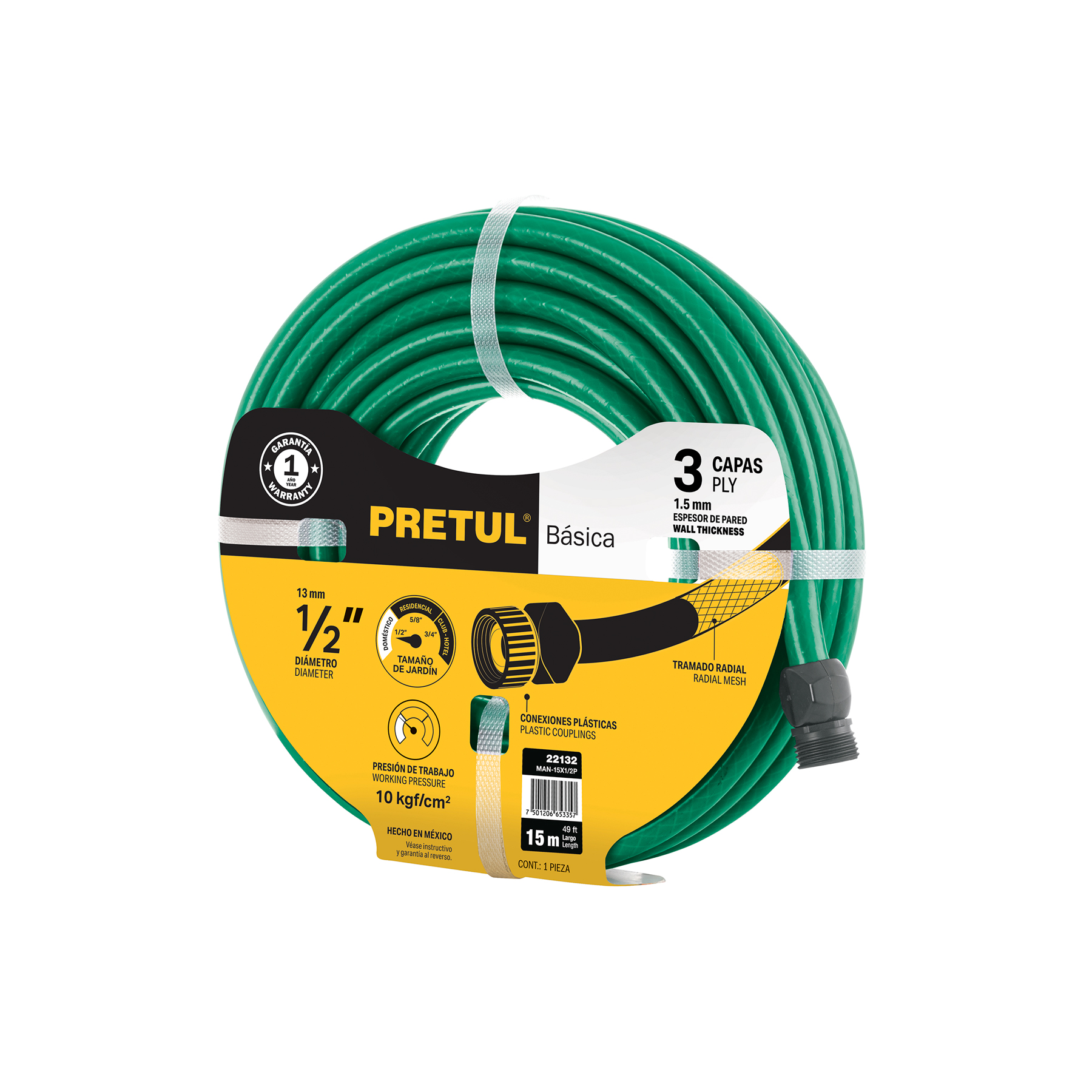 Manguera verde 1/2" 3 capas 15m conexiones plásticas, PRETUL